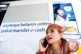 Seorang perempuan berkostum etnik Dayak saat berkomunikasi menggunakan telepon genggam di depan mobil Anjungan Tunai Mandiri di Pameran Sail Karimata 2016 di Pantai Pulau Datok, Kecamatan Sukadana, Kabupaten Kayong Utara, Kalbar. Bank Mandiri mengembangkan produk Mandiri e-cash untuk mendukung program Layanan Keuangan Digital (LKD), guna menciptakan sistem keuangan perbankan yang mudah, cepat dan dapat dijangkau masyarakat. (ANTARA FOTO/Jessica Helena Wuysang/Dok).