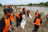 Bupati Bojonegoro Suyoto (memegang karung) ikut melakukan bersih-bersih sampah di tepi Bengawan Solo di Kelurahan Ledokkulon, Kecamatan kota, Selasa (25/10). Acara bersih-bersih sungai yang menjadi salah satu program Badan Nasional Penanggulangan Bencana (BNPB) itu, sebagai usaha mengurangi risiko bencana. Antara Jatim/Foto/Slamet Agus Sudarmojo/zk/16.