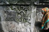 Pengunjung mengamati relief di bangunan induk candi Penataran, Blitar, Jawa Timur, Selasa (8/11). Candi peninggalan abad 12 Masehi tersebut memiliki kekhasan ikonografi relief melalui penggambaran figur manusia mirip wayang yang berbeda bila dibanding dengan relief-relief candi Jawa Tengah yang berbentuk lebih realistik. Antara Jatim/Prasetia Fauzani/zk/16