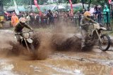 Crosser Yoshua Pattipi (kiri) beradu cepat dengan Crosser Igam Auzan (kanan) dalam putaran kedua Kejurnas Motocross Indonesia 2016 kelas MX2 di sirkuit Pantai Prigi, Trenggalek, Jawa Timur, Sabtu (12/11). Grand Final Kejurnas Motocross Indonesia kelas MX2 itu dimenangi Crosser Andre Sondakh dari tim Djagung Pertamax Racing Dunlop Orca Husky Husqvarna asal Jawa Timursekaligus menyabet juara umum kelas MX2 melahap 14 lap yang dilombakan di sirkuit sepanjang 1.200 meter dengan catatan waktu 29::56,526 detik. Antara Jatim/Destyan Sujarwoko/zk/16