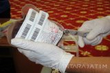 Petugas sterilisasi kantung darah pendonor saat donor darah di Kantor Perwakilan Bank Indonesia Kediri, Jawa Timur, Kamis (24/11). Kegiatan itu rutin dilakukan, sebagai salah satu upaya membantu warga yang membutuhkan darah. Antara Jatim/Foto/Asmaul Chusna/zk/16