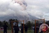 Pengunjung mengamati jajaran foto dengan latar Gunung Sinabung pada pameran bertajuk "Kembali Untuk Sinabung" di Desa Ndokum Siroga Kabupaten Karo, Sumatra Utara, Sabtu (12/11). Pameran foto yang diikuti fotografer yang tergabung dalam Pewarta Foto Indonesia (PFI) Medan itu menggambarkan tentang peristiwa erupsi Gunung Sinabung yang hingga kini masih terus terjadi. ANTARA SUMUT/Septianda Perdana/16