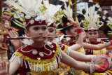 Para penari perempuan menggingit senjata khas dayak mandau dalam salah satu atraksi pementasan saat peringatan hari jadi Kabupaten Barito Kuala ke-57 di halaman kantor bupati setempat di Marabahan, Kalsel, Selasa (10/1).(Antaranews Kalsel/Sukarli)