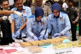 Petugas menguji narkoba sebelum dimusnahkan saat pemusnahan barang bukti narkoba di Polda Jawa Timur, Kamis (2/3). Barang bukti hasil ungkap Polda Jatim yaitu Shabu seberat 32,326 kilogram, Ganja seberat 41,298 kilogram, pil ekstasi sebanyak 12.418 butir, pil Happy Five sebanyak 170 butir dan obat keras daftar G sebanyak 25.231 butir sedangkan hasil ungkap BNNP Jatim Shabu seberat 3,541 kilogram dan Ganja sekitar 9 kilogram tersebut dimusnahkan. Antara Jatim/Didik Suhartono/zk/17