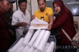 Petugas Balai Karantina Ikan, Pengendalian Mutu dan Keamanan Hasil Perikanan Kelas I Surabaya menunjukkan benih lobster yang hendak diselundupkan dari bandara Juanda saat rilis di Pos Satgaspam TNI AL Bandara Juanda, Sidoarjo, Jawa Timur, Sabtu (25/3). Dalam hasil penyelidikan tersebut petugas berhasil mengamankan barang bukti 12 roll plastik yang berisi benih lobster sebanyak 50.000 ekor dalam keadaan hidup yang akan dikirim ke Batam dengan menggunakan peswat Lion Air nomer penerbangan JT 949. Antara Jatim/Umarul Faruq/zk/17