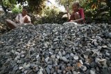 Dua orang perempuan memecah batu untuk dijual sebagai bahan baku bangunan di Desa Surat, Kediri, Jawa Timur, Senin (17/4). Sejumlah perempuan di daerah tersebut menjadi pemecah batu guna membantu perekonomian keluarga. ANTARA FOTO/Prasetia Fauzani/ama/17