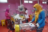 Petugas medis melayani pasien di instalasi 'red-zone' kegawatdaruratan RSUD dr Iskak, Tulungagung, Jawa Timur, Jumat (21/4). Seluruh tenaga dokter dan perawat perempuan di RSUD dr Iskak mengenakan kostum kebaya atau adat Jawa dalam rangka memperingati hari lahir Pahlawan Nasional RA Kartini, 21 April. Antara Jatim/Destyan Sujarwoko/zk/17