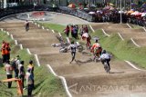 Sejumlah pembalap mengalami insiden tabrakan pada final hari ke 2 Banyuwangi International BMX 2017 di Sirkuit BMX Muncar, Banyuwangi, Jawa Timur, Minggu (23/4). Kejuaraan International BMX yang masuk dalam kalender Persatuan Sepeda Balap Internasiol (UCI) tersebut, sebagai ajang mengumpulkan poin bagi atlet BMX. Antara Jatim/Budi Candra Setya/zk/17. 