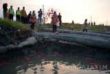 Warga korban lumpur Lapindo menabur bunga untuk keluarga mereka yang telah wafat di tanggul titik 42 Porong, Sidoarjo, Jawa Timur, Kamis (25/5). Warga korban lumpur Lapindo menyambut Ramadan melakukan ziarah untuk mendoakan keluarga dan kerabat yang makamnya telah tenggelam oleh lumpur. Antara Jatim/Umarul Faruq/zk/17