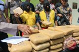 Polisi menunjukkan barang bukti ganja kering bersama para tersangka saat gelar kasus, di Polsek Percut Sei Tuan, di Medan, Sumatera Utara, Kamis (29/6). Polisi setempat berhasil menggagalkan penyelundupan 49 kilogram ganja kering asal Aceh dari dua orang tersangka. ANTARA SUMUT/Irsan Mulyadi/17