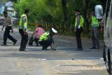 Sejumlah petugas kepolisian melakukan rekonstruksi kecelakaan bus Medali Mas dengan truk bermuatan pupuk di Jalan Raya wisata Pantai Bentar, Gending, Probolinggo, Jawa Timur, Jumat (14/7). Kecelakaan maut antara bus dengan truk tersebut mengakibatkan 10 penumpang tewas, 2 diantaranya warga negara asing dan 9 luka. Antara Jatim/Umarul Faruq/zk/17