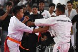 Karateka asal Yogyakarta Dhiyas Risang (kiri) memukul karateka asal Jawa Tengah Iswoyo (kanan) dikelas 75 kilogram dalam Kejuaraan Nasional Shinkyokushin ke-20 di Surabaya, Jawa Timur, Sabtu (22/7). Kejurnas Karate Shinkyokushin ke-20 tersebut diikuti 150 atlet yang berasal dari seluruh pengurus daerah (Pengda) di wilayah Indonesia terbagi atas empat sub kelas putra yaitu lebih dari 85 kg, kelas kurang dari sama dengan 85 kg, kelas kurang dari sama dengan 75 kg, dan kelas kurang dari sama dengan 65 kg, untuk putri dibagi menjadi dua sub kelas yaitu lebih dari 60 kg dan kurang dari sama dengan 60 kg, dan kelas anak-anak dibagi menjadi tiga sub kelas yaitu kelas maksimal usia 10 tahun dengan berat kurang dari sama dengan 30 kg, kelas maksimal usia 12 tahun dengan berat kurang dari sama dengan 50 kg dan kelas maksimal usia 15 tahun dengan berat kurang dari sama dengan 60 kg. Antara Jatim/M Risyal Hidayat/zk/17