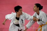 Karateka asal Sumatera Utara Vivi Suriani (kiri) memukul karateka asal Yogyakarta Richa Chalasyamita (kanan) kurang dari 60 kg dalam Kejuaraan Nasional Shinkyokushin ke-20 di Surabaya, Jawa Timur, Sabtu (22/7). Kejurnas Karate Shinkyokushin ke-20 tersebut diikuti 150 atlet yang berasal dari seluruh pengurus daerah (Pengda) di wilayah Indonesia terbagi atas empat sub kelas putra yaitu lebih dari 85 kg, kelas kurang dari sama dengan 85 kg, kelas kurang dari sama dengan 75 kg, dan kelas kurang dari sama dengan 65 kg, untuk putri dibagi menjadi dua sub kelas yaitu lebih dari 60 kg dan kurang dari sama dengan 60 kg, dan kelas anak-anak dibagi menjadi tiga sub kelas yaitu kelas maksimal usia 10 tahun dengan berat kurang dari sama dengan 30 kg, kelas maksimal usia 12 tahun dengan berat kurang dari sama dengan 50 kg dan kelas maksimal usia 15 tahun dengan berat kurang dari sama dengan 60 kg.Antara jatim/M Risyal Hidayat/zk/17