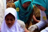 Petugas kesehatan dari Dinas Kesehatan Kota Tangsel memberikan suntikan imunisasi Measleas Rubela (MR) kepada sejumlah murid Sekolah Dasar (SD) di SDN Pamulang 1, Pamulang, Tangerang Selatan, Banten, Selasa (1/8). Pemerintah lewat Kementerian Kesehatan secara serentak melakukan Kampanye dan pemberian imunisasi MR kepada anak usia sembilan bulan hingga 15 tahun sebagai komitmen global untuk membasmi virus campak rubella yang bisa memicu kecacatan dan kematian pada anak.ANTARA FOTO/Muhammad Iqbal/pd/17