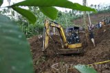 Petugas menggunakan alat berat melakukan pencarian korban longsor di Desa Jambesari, Sumberbaru, Jember, Jawa Timur, Rabu (18/10). Tim SAR gabungan melanjutkan pencarian tiga korban yang merupakan satu keluarga tertimbun tanah longsor dengan menggunakan alat berat. Antara Jatim/Seno/mas/17.