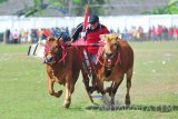 Joki memacu sapi saat 'Grand Final' Kerapan Sapi memperebutkan Piala Presiden di Stadion Soenarto Hadiwidjojo, Pamekasan, Jawa Timur, Minggu (29/10). Sebanyak 24 pasang sapi se Madura ambil bagian dalam kejuaraan tahunan itu. Antara Jatim/Saiful Bahri/mas/17.