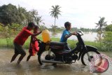 Beberapa orang anak mendorong sepeda motor yang mogok saat melintasi banjir, di Desa Sukadamai, Serdang Bedagai, Sumatera Utara, Senin (18/9). ANTARA SUMUT/Irsan Mulyadi/17