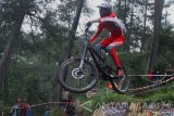 Pembalap Dedik Handika berusaha melewati jalur turunan di kelas Men Elite dalam Kejuaraan Indonesian Downhill 2017 Seri V di Sirkuit Gunung Klemuk, Batu, Jawa Timur, Minggu (5/11). Kejuaraan yang berlangsung selama dua hari dan diikuti ratusan pembalap sepeda dari berbagai daerah tersebut mempertandingkan lima kelas antara lain Men Elite, Woman Elite, Master, Pemula dan Junior dengan menilai kecepatan pembalap dalam melewati sirkuit turunan yang berliku. Antara Jatim/Ari Bowo Sucipto/mas/17.