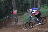 Pembalap Riyanti Fitriyanti berusaha melewati jalur turunan tajam di kelas Woman Elite dalam Kejuaraan Indonesian Downhill 2017 Seri V di Sirkuit Gunung Klemuk, Batu, Jawa Timur, Minggu (5/11). Kejuaraan yang berlangsung selama dua hari dan diikuti ratusan pembalap sepeda dari berbagai daerah tersebut mempertandingkan lima kelas antara lain Men Elite, Woman Elite, Master, Pemula dan Junior dengan menilai kecepatan pembalap dalam melewati sirkuit turunan yang berliku. Antara Jatim/Ari Bowo Sucipto/mas/17.