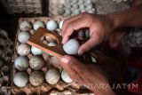 Pekerja memilah telur bebek untuk proses pengasinan di rumah industri kampung bebek Desa Kebon Sari, Candi, Sidoarjo, Jawa Timur, Rabu (22/11). Peternak bebek mampu memproduksi telur 40.000 butir hingga 80.000 butir per hari dari 75.000 ekor hingga 100.000 ekor bebek yang dijual dengan harga Rp2.400 perbutir. Antara Jatim/Umarul Faruq/mas/17.