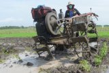 Petani membajak sawah menggunakan mesin bajak di Wayut, Jiwan, Kabupaten Madiun, Jawa Timur, Rabu (22/11). Kementerian Pertanian mengalokasikan anggaran Rp710 miliar untuk rencana cetak sawah seluas 37.360 hektare pada 2018. Luasan tersebut lebih kecil dari target cetak sawah pada 2017 seluas 72.033 hektare dengan pagu anggaran Rp1,18 triliun. Antara Jatim/Siswowidodo/mas/17.

