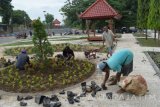Sejumlah pekerja menyelesaikan pembangunan taman di areal bantaran Sungai Madiun, Kota Madiun, Jawa Timur, Sabtu (2/12). Pembangunan taman di bantaran sungai tersebut untuk menghilangkan kesan kumuh sekaligus menambah ruang terbuka hijau (RTH). Antara Jatim/Siswowidodo/mas/17.
