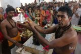 Umat Hindu keturunan Tamil berdoa ketika mengikuti perayaan Thaipusam di Kuil Sree Soepramaniam Nagarattar, di Medan, Sumatera Utara, Selasa (30/1). Perayaan Thaipusam merupakan hari kemenangan kebaikan melawan kejahatan. ANTARA FOTO/Irsan Mulyadi/wdy/2018.