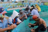 Nelayan memperbaiki jaring di Pelabuhan Ikan Muncar, Banyuwangi, Jawa Timur, Kamis (18/1). Sebagian besar nelayan yang menggunakan jaring tradisional di daerah tersebut, mengaku kecewa atas dicabutnya larangan penggunaan jaring cantrang yang dianggap akan merusak ekosistem bawah laut dan berdampak pada pendapatan nelayan tradisional. Antara Jatim/Budi Candra Setya/zk/18.