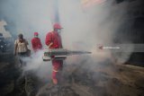Petugas dari Dinas Kesehatan Kota Surabaya melakukan pengasapan atau fogging, di kawasan Mastrip, Surabaya, Jawa Timur, Kamis (25/1). Pengasapan tersebut dilakukan untuk membasmi dan menekan peredaran nyamuk Aedes Aegypti penyebar virus chikungunya dan penyakit demam berdarah dengue (DBD). Antara jatim/Moch Asim/zk/18.