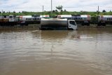 Sebuah kendaraan mogok akibat banjir di jalan raya Porong, Sidoarjo, Jawa Timur, Jumat (16/2). Jalan raya Porong terendam air setinggi 70 cm akibat curah hujan yang tinggi sejak Kamis (15/2). Antara jatim/Umarul Faruq/zk/18