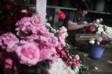 Pengrajin merangkai bunga untuk kemudian dijual dengan harga Rp75.000 hingga 500 ribu rupiah di sentra bunga potong di Malang, Jawa Timur, Senin (12/2). Pengrajin rangkain bunga atau buket di kawasan tersebut mengaku dalam seminggu terakhir permintaan buket bunga potong terutama jenis mawar dan krisan meningkat hingga dua kali lipat dibanding hari biasa. Antara Jatim/Ari Bowo Sucipto/zk/18.