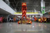 Penari Barongsai mempertontonkan atraksi di hadapan calon penumpang Pesawat terbang di Terminal 2 Bandara Internasional Juanda, Surabaya, Jawa Timur, Jumat (16/2). Pertunjukan Barongsai dan Liang Liong di area publik terminal tersebut bertujuan untuk menghibur pengunjung bandara dalam rangka menyambut Tahun Baru Imlek 2569. Antara jatim/Umarul Faruq/zk/18