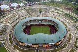 Foto aerrial Stadion Pakansari di Bogor, Jawa Barat, Selasa (20/2). Stadion tersebut menjadi salah satu venue di Jabar yang akan digunakan pada Asian Games 2018, sementara tiga stadion lainnya yaitu Stadion Patriot (Bekasi), Stadion Wibawa Mukti (Kabupaten Bekasi), dan Stadion Si Jalak Harupat (Kabupaten Bandung). ANTARA JABAR/Yulius Satria Wijaya/agr/18.