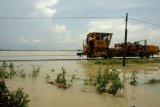 Petugas mengecek jalur rel Kereta Api (KA) yang terendam banjir di wilayah Losari, Brebes, Jawa Tengah, Sabtu (24/2). Jalur KA penghubung Jakarta-Jawa Tengah diwilayah Brebes terendam banjir sejak Jumat (23/2), mengakibatkan sejumlah jadwal KA terganggu. ANTARA FOTO/Oky Lukmansyah/nz/18

