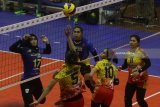 Atlet bola voli putri Jakarta PGN Popsivo Polwan, Dini Indah Sari (dua dari kiri) berusaha mengembalikan bola dari atlet bola voli putri Bandung Bank BJB Pakuan, Wilda Fadhilah (kiri) dalam pertandingan Final Four Putaran Pertama di GOR Ken Arok, Malang, Jawa Timur, Sabtu (31/3). Tim voli putri Bandung Bank BJB Pakuan mengalahkan tim putri Jakarta PGN Popsivo Polwan dengan skor 3-1 (25-22, 19-25, 25-20, 25-19). Antara Jatim/Ari Bowo Sucipto/zk/18.