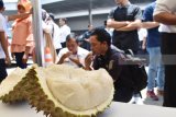 Sejumlah orang makan durian saat digelar Festival Durian di halaman Stasiun Kereta Api Madiun, Jawa Timur, Jumat (30/3). PT Kereta Api Indonesia (KAI) memberikan kesempatan makan durian gratis bagi pengguna aplikasi KAI access pada Festival Durian yang digelar selama dua hari hingga Sabtu (31/3). Antara Jatim/Foto/Siswowidodo/zk/18