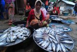 Pedagang menunggui ikan dagangannya di Pasar 17 Agustus, Pamekasan, Jawa Timur,  Kamis (15/3). Sejak sepekan terakhir harga ikan di Madura kembali naik hingga 50 persen karena faktor cuaca. Antara Jatim/Saiful Bahri/zk/18