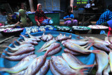 Pedagang menunggui ikan dagangannya di Pasar 17 Agustus, Pamekasan, Jawa Timur,  Kamis (15/3). Sejak sepekan terakhir harga ikan di Madura kembali naik hingga 50 persen karena faktor cuaca. Antara Jatim/Saiful Bahri/zk/18