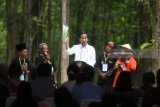 Presiden Joko Widodo (tengah) berdialog dengan petani saat penyaluran Izin Pemanfaatan Hutan Perhutanan Sosial (IPHPS) di Tuban, Jawa Timur, Jumat (9/3). Pada 2018 ini, Program Perhutanan Sosial akan diperluas ke 3 Kabupaten, yaitu Malang, Blitar, dan Bojonegoro sehingga total luas lahan Perhutanan Sosial seluas 14.713,5 Ha dengan total jumlah petani penerima SK PHPS sebanyak 11.921 orang. Antara Jatim/Zabur Karuru/18