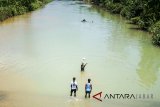 Sejumlah remaja bermain sepakbola di genangan aliran sungai Cileungsi, Kabupaten Bogor, Jawa Barat, Selasa (20/3). Kementerian Desa Pembangunan Daerah Tertinggal dan Transmigrasi (PDTT) mendorong pemerintah desa agar membangun sarana dan prasarana olah raga di tingkat desa dengan alokasi dana minimal Rp 50 juta. Pasalnya, saat ini mayoritas desa di Indonesia masih minim fasilitas olah raga. ANTARA JABAR/Yulius Satria Wijaya/agr/18.