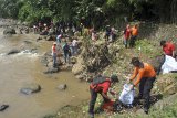 Sejumlah relawan memungut sampah di bantaran sungai Cisadane, Kelurahan Gunung Batu, Kota Bogor, Jawa Barat, Minggu (22/4). Bebenah Cisadane yang diikuti puluhan relawan dari berbagai komunitas dan organisasi pecinta lingkungan dengan memungut sampah, menanam pohon dan menebar benih ikan tersebut selain untuk memperingati Hari Bumi sekaligus mengubah perilaku masyarakat dalam menjaga lingkungan dan tidak membuang sampah di sungai. ANTARA JABAR/Arif Firmansyah/agr/18