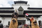 Gubernur Jawa Barat Ahmad Heryawan (kiri) didampingi istri Netty Prasetiyani Heryawan (kanan) membawa Piala Parasamya Purnakarya Nugraha saat di arak keliling Gedung Sate, Bandung, Jawa Barat, Kamis (26/4). Pemerintah Provinsi Jawa Barat meraih penghargaan Parasamya Purnakarya Nugraha yang merupakan tanda kehormatan bagi Jabar sebagai provinsi dengan kinerja terbaik nasional selama tiga tahun berturut-turut. ANTARA JABAR/M Agung Rajasa/agr/18
