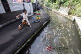 Dua orang anak melihat ikan has?l budidaya di saluran air atau drainase di Kampung Naringgul Ciasin, Ciawi, Bogor, Jawa Barat, Selasa (17/4). Warga Kampung Naringgul Ciasin menerapkan budaya Eco-Village, atau prinsip desa berbudaya lingkungan. Mereka memanfaatkan selokan drainase yang mengalir membelah kampung tersebut, untuk budidaya ikan air tawar sepeti ikan mas dan nila. ANTARA JABAR/Yulius Satria Wijaya/agr/18.