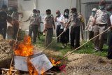 Petugas Balai Karantina Pertanian Kelas II Gorontalo bersama pihak Kepolisian memusnahkan barang bukti daging tikus beku pada kegiatan pemusnahan media pembawa Hama Penyakit Hewan Karantina (HPHK) di Kota Gorontalo. (Foto Adiwinata)