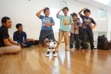 Murid-murid Sekolah Indonesia Kuala Lumpur (SIKL) menirukan gerakan robot disela-sela belajar robotik dari Tim Asian Robotic Competition Comittee (ARCC) Jakarta disela-kunjungannya ke Kuala Lumpur, Sabtu (14/4). Kegiatan tersebut bertujuan mengenalkan sains dan robotik sebagai kegiatan alternatif ekstra sekolah. ANTARA FOTO/Agus Setiawan/aww/18.