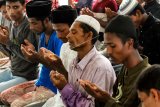 Sejumlah imigran Rohingya asal Myanmar berdoa usai melaksanakan ibadah di penampungan darurat kompleks Sanggar Kegiatan Belajar (SKB) Cot Gapu Kabupaten Bireuen, Aceh, Sabtu (21/4). Para imigran menyatakan berterimakasih kepada masyarakat Aceh dan pemerintah Indonesia yang telah menyelamatkan hidup rakyat Rohingya, dapat beribadah dengan tenang. ANTARA FOTO/Rahmad.