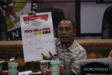 Anggota KPU Gorontalo Utara Sophian Rahmola menunjukan surat suara yang akan digunakan pada Pemilihan Bupati dan Wakil Bupati Gorontalo Utara 2018.