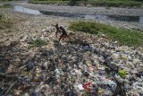 Dua orang anak bermain di Sungai Citarum Lama yang penuh dengan sampah di Rancamanyar, Kabupaten Bandung, Jawa Barat, Senin (14/5). Hasil survei yang dilakukan oleh Kodam III Siliwangi mencatat sebanyak 20.462 ton sampah organik dan anorganik dibuang ke Sungai Citarum per harinya. ANTARA JABAR/Raisan Al Farisi/agr/18