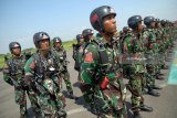 Sejumlah siswa dari Pendidikan Intai Amfibi (Diktaifib) Marinir dalam latihan dan praktek keparaan (Lattek Keparaan) atau wing day di Apron Shelter Skuadron 400 Wing Udara 1 di Lanudal Juanda Surabaya di Sidoarjo, Jawa Timur, Selasa (8/5). Lattek Keparaan diikuti sekitar 34 siswa Diktaifib angkatan XLIV. Antara Jatim/M Risyal Hidayat/zk/18