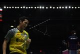 Ekspresi pebulu tangkis tunggal putra Indonesia Jonatan Christie usai berhasil mencetak skor saat melawan pebulu tangkis Malaysia Lee Zii Jia pada babak perempat final Piala Thomas 2018 di Impact Arena, Bangkok, Thailand, Kamis (24/5). Tim Thomas Indonesia melaju ke semi final Piala Thomas 2018 setelah menundukkan Malaysia 3-1.ANTARA FOTO/Puspa Perwitasari/pd/18